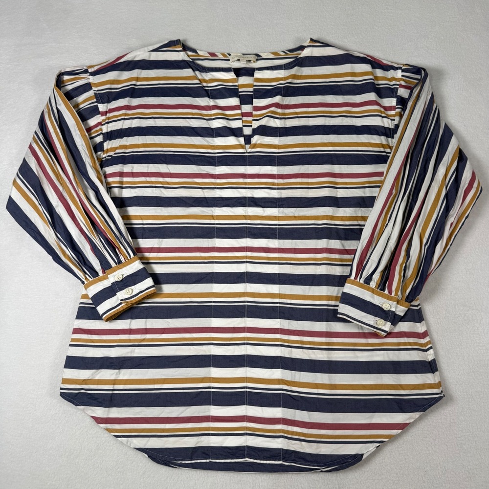 Ann Mashburn Tunic Blouse XS Multi Stripe Cotton Coastal Preppy Split Neck